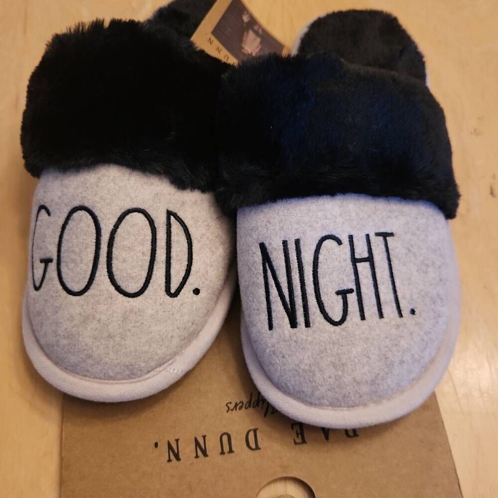 Rae Dunn GOODNIGHT taupe and black faux fur slippers women's size S 5/6